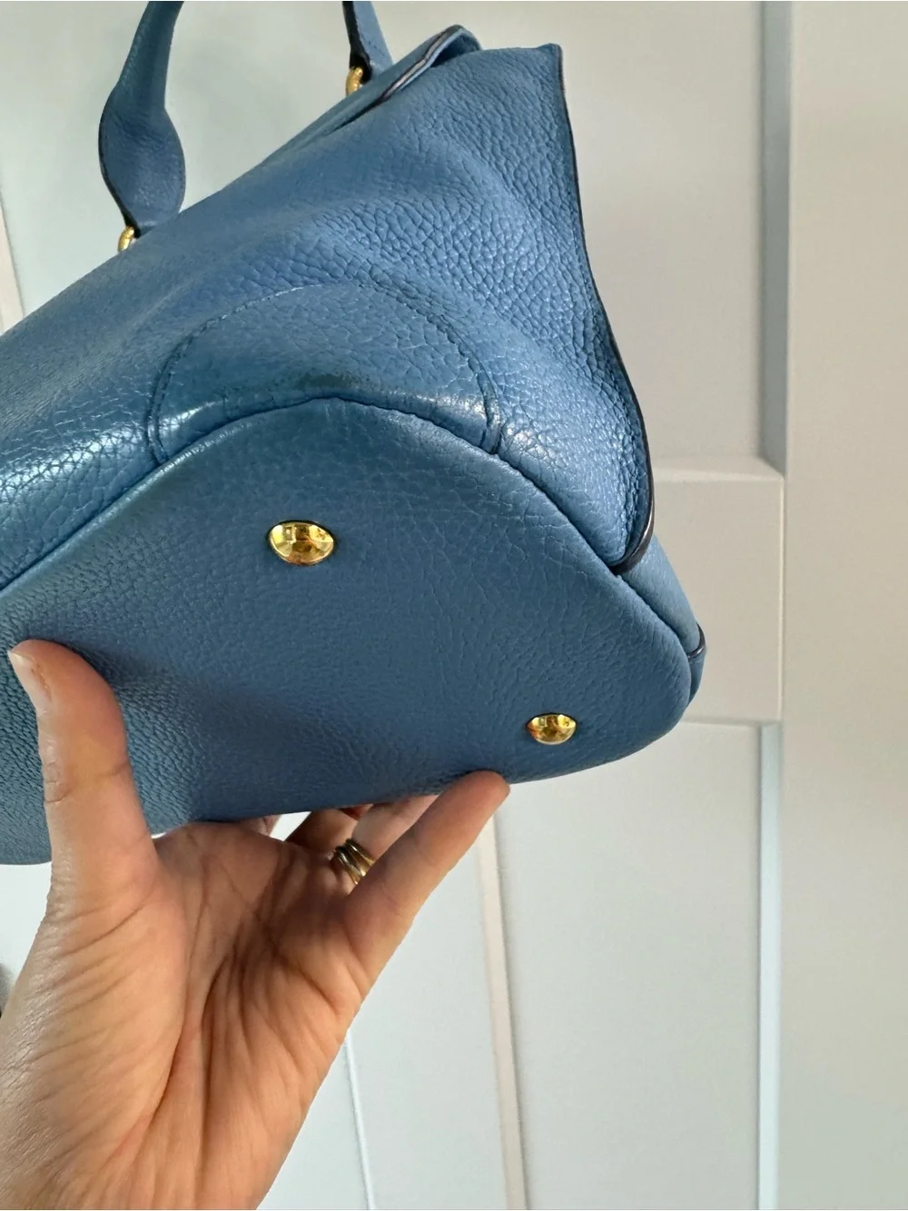 MCM Blue Leather Top-Handle Satchel with Gold Hardware